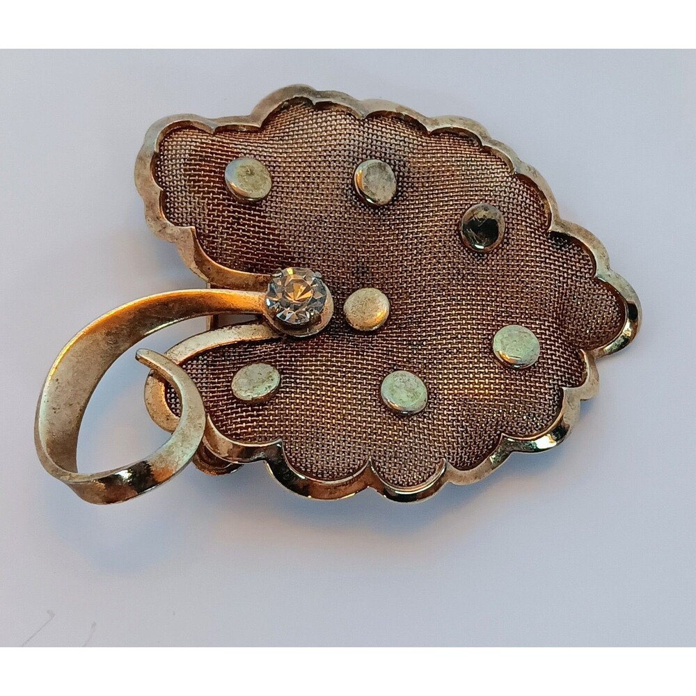 Vintage Goldtone Mesh Rhinestone Strawberry Leaf Brooch 2 1/4 in